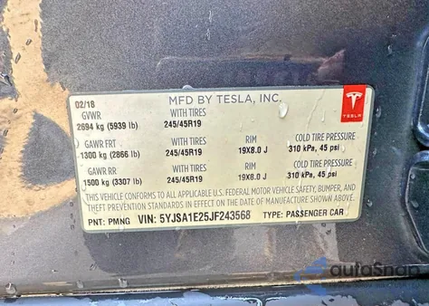 2018 Tesla Model S из США, поврежденный, VIN 5YJSA1E25JF243568